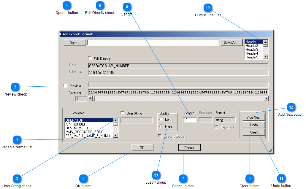User Export Format window